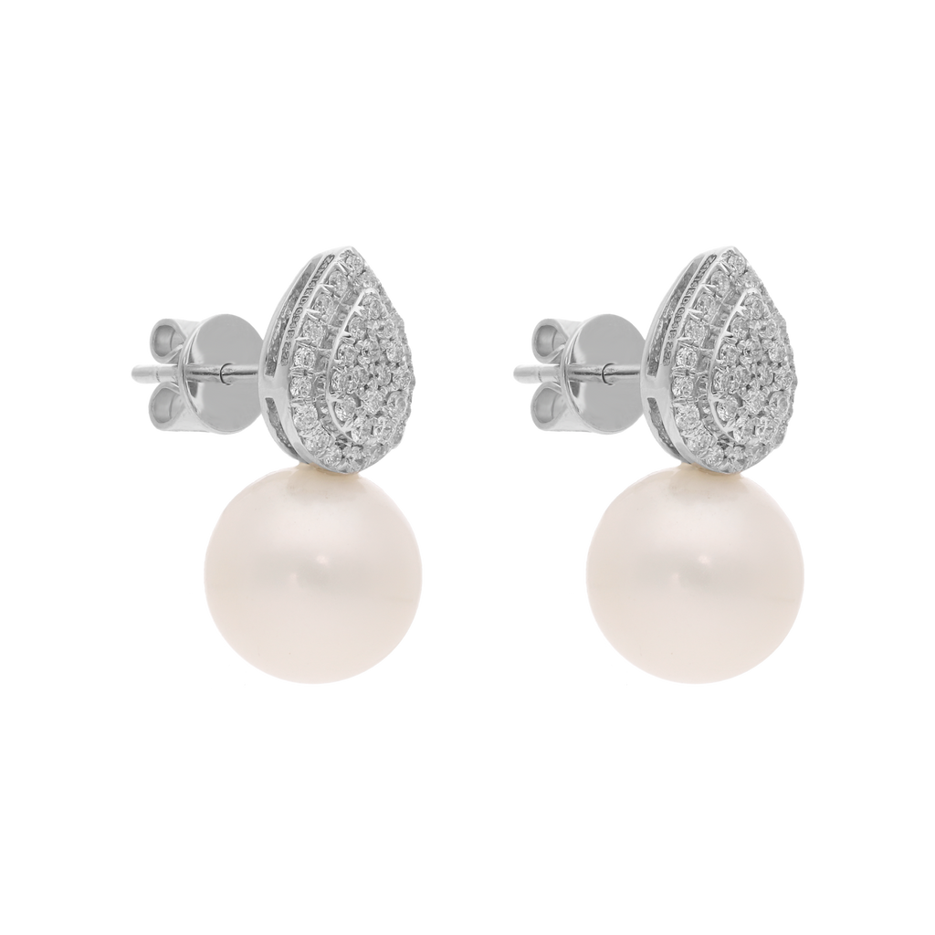 Aretes gota diamantes pave perla 14K