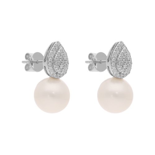 Aretes gota diamantes pave perla 14K
