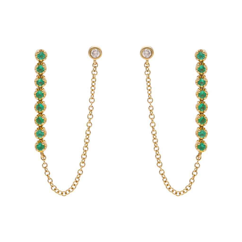 Broquel piercing tira esmeraldas y brillante 14K
