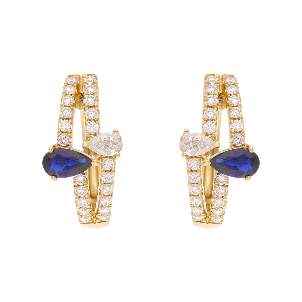 Arracadas 2 líneas brillantes y zafiro gota 14K