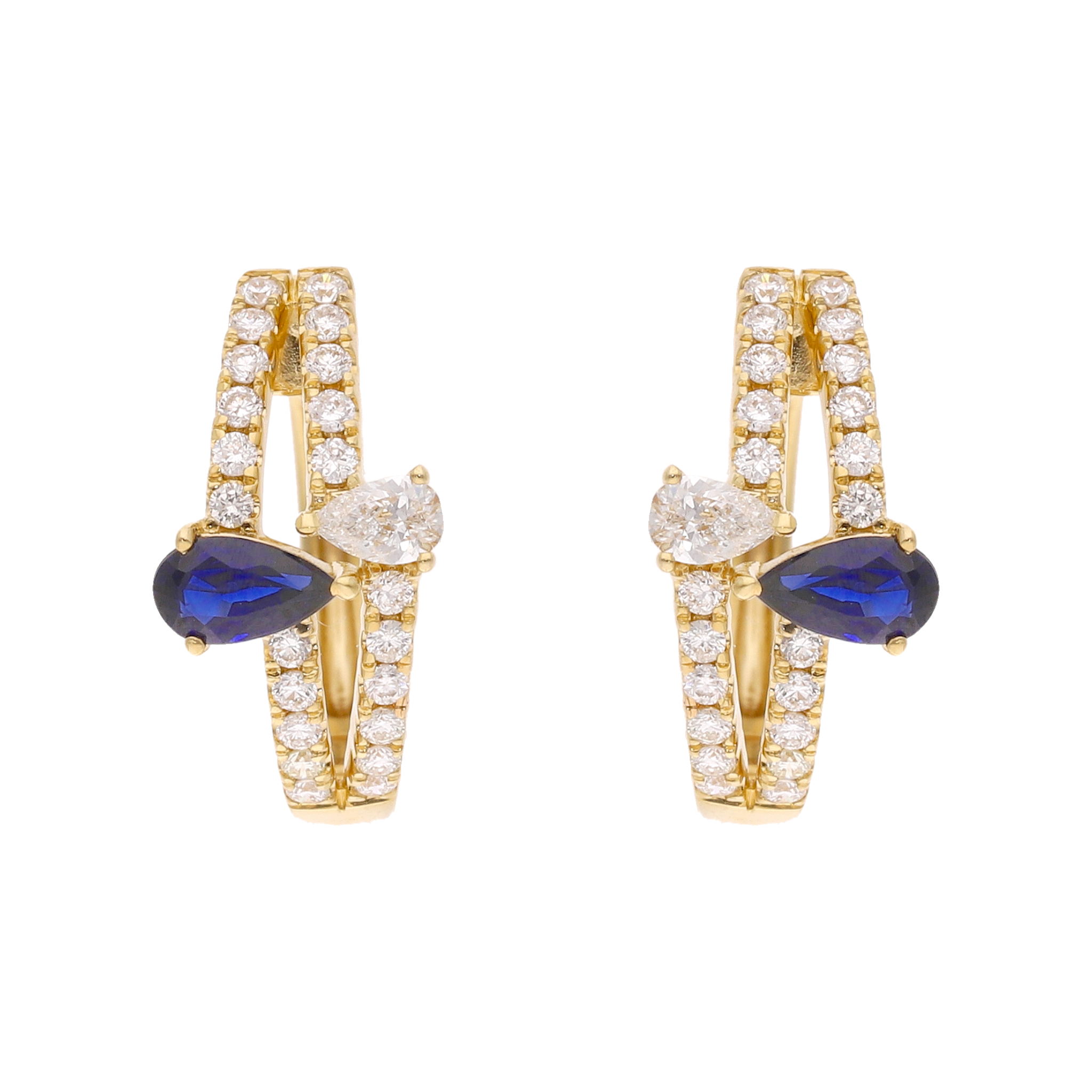 Arracadas 2 líneas brillantes y zafiro gota 14K