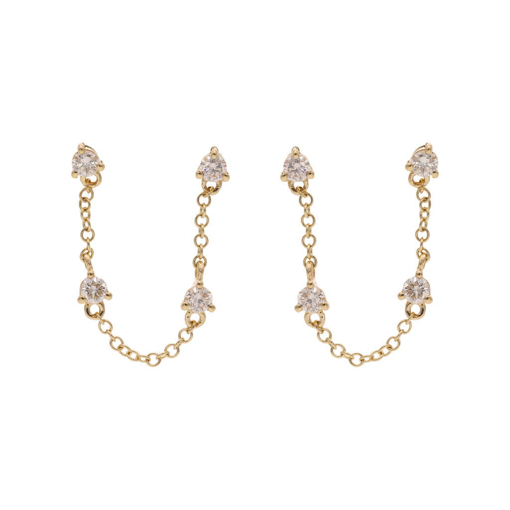 Broquel piercing cadena y 4 diamantes 14K