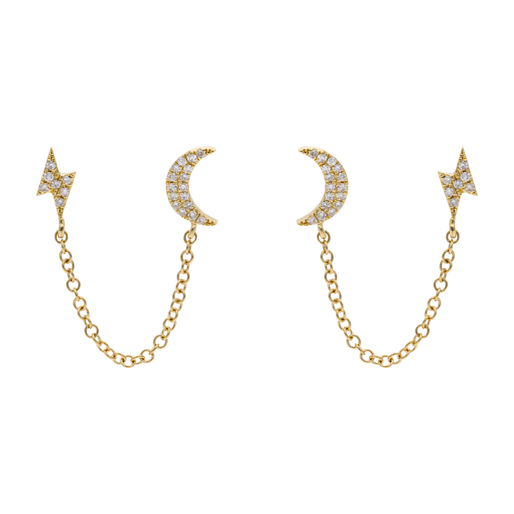 Broquel piercing cadena luna y rayo diamantes 14K