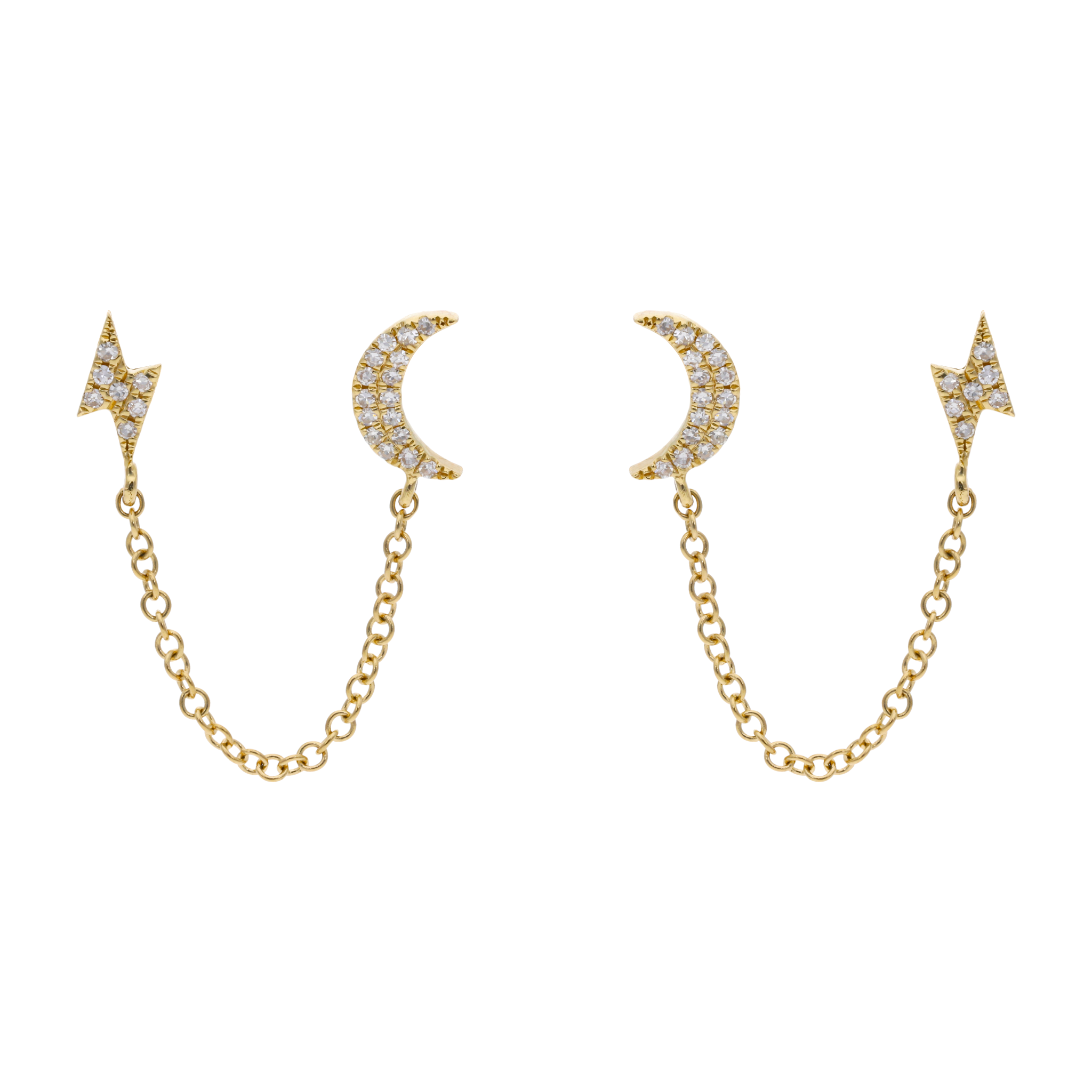 Broquel piercing cadena luna y rayo diamantes 14K