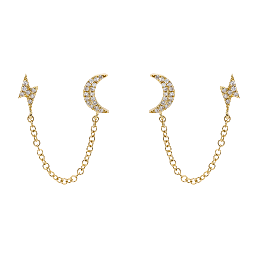 Broquel piercing cadena luna y rayo diamantes 14K