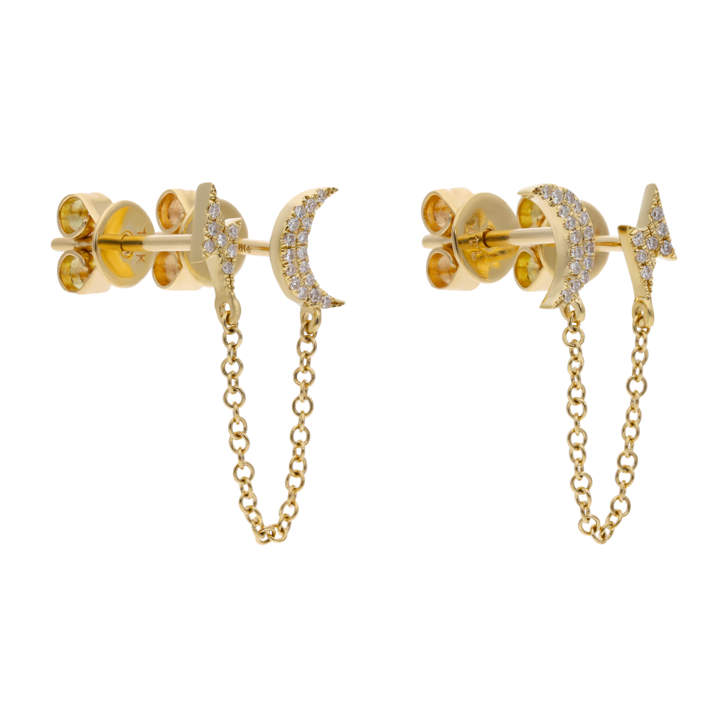 Broquel piercing cadena luna y rayo diamantes 14K