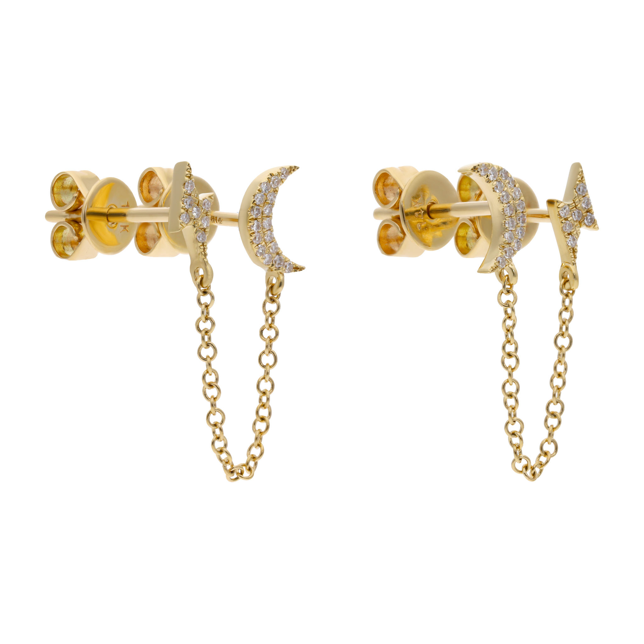 Broquel piercing cadena luna y rayo diamantes 14K