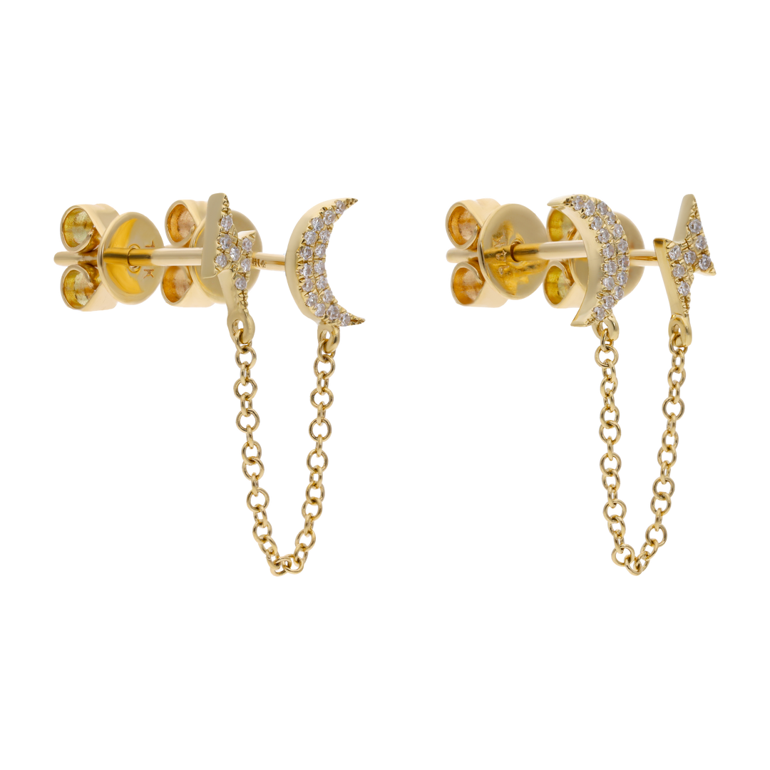 Broquel piercing cadena luna y rayo diamantes 14K