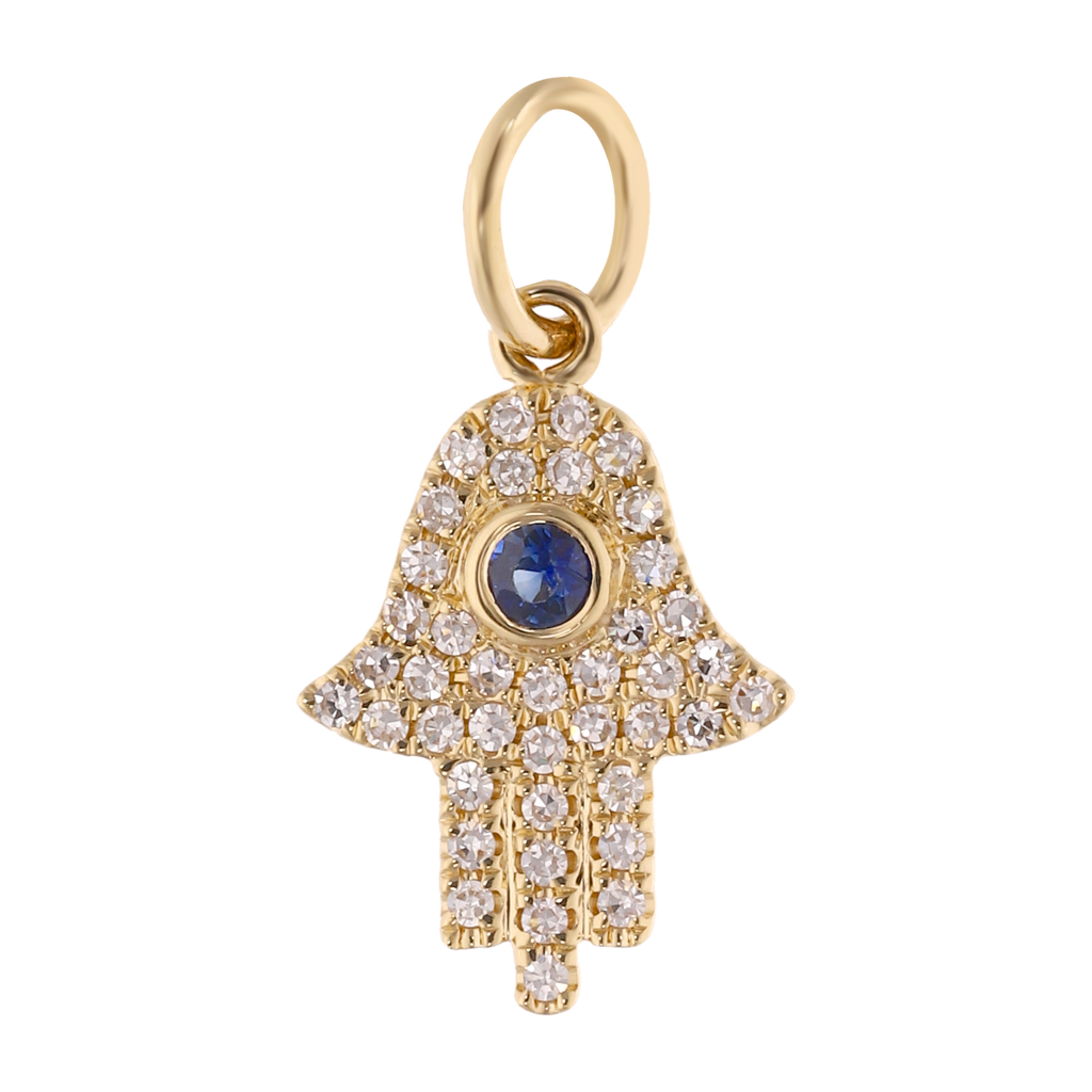Mano de Fátima diamantes y zafiro 14K