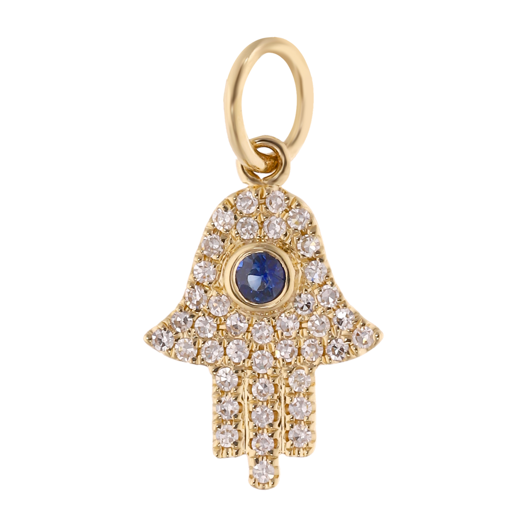 Mano de Fátima diamantes y zafiro 14K