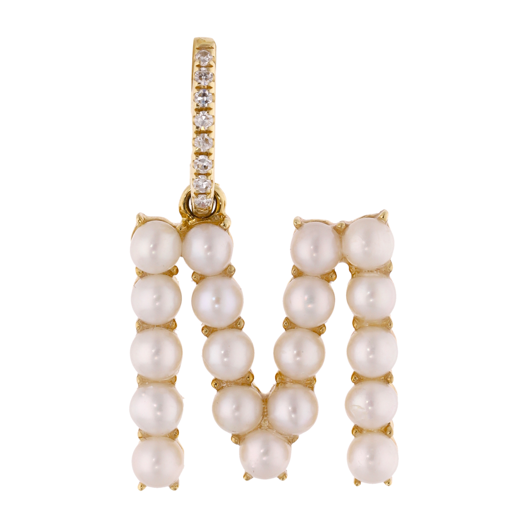 Dije inicial perlas y diamantes 14K