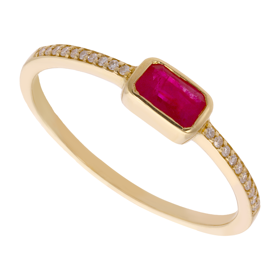 Anillo rubí/zafiro baguette y brillantes 14K