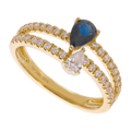 Anillo 2 líneas zafiro y diamante gota 14K