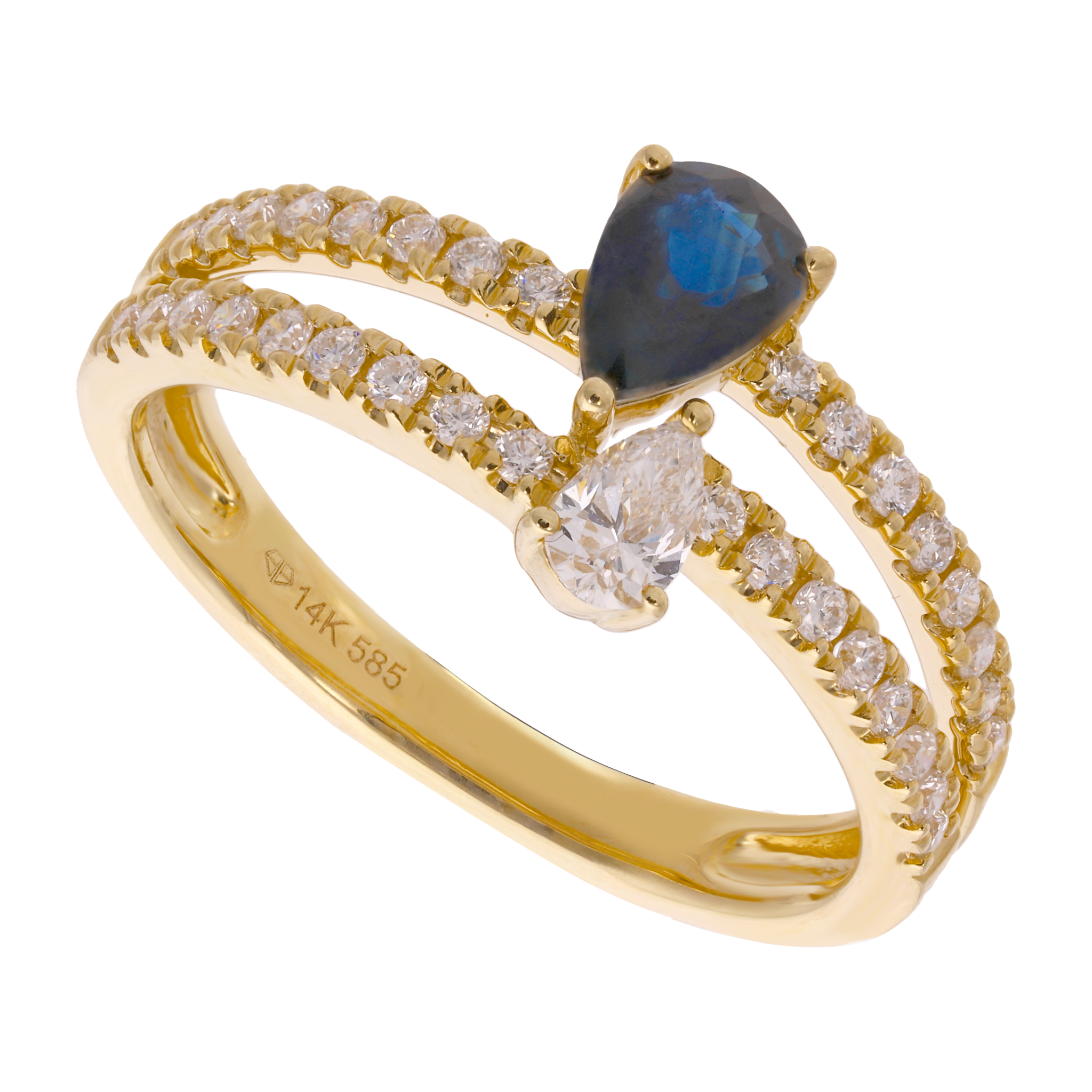 Anillo 2 líneas zafiro y diamante gota 14K