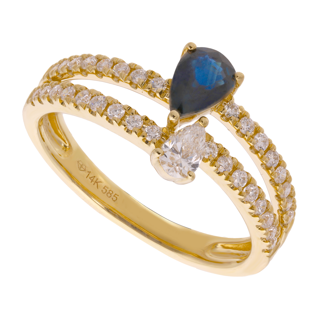 Anillo 2 líneas zafiro y diamante gota 14K
