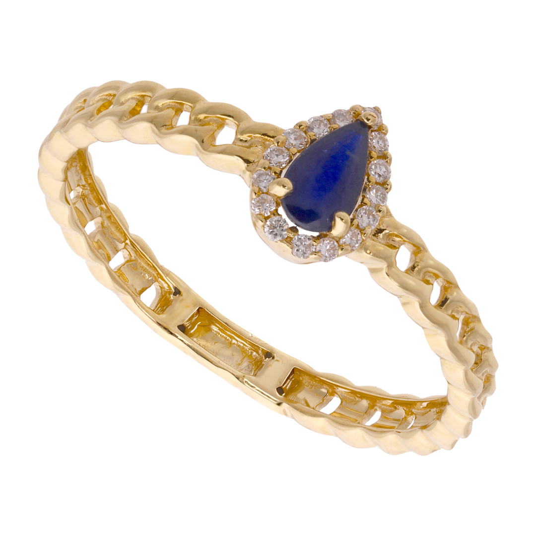 Anillo cadena zafiro gota y brillantes 14K