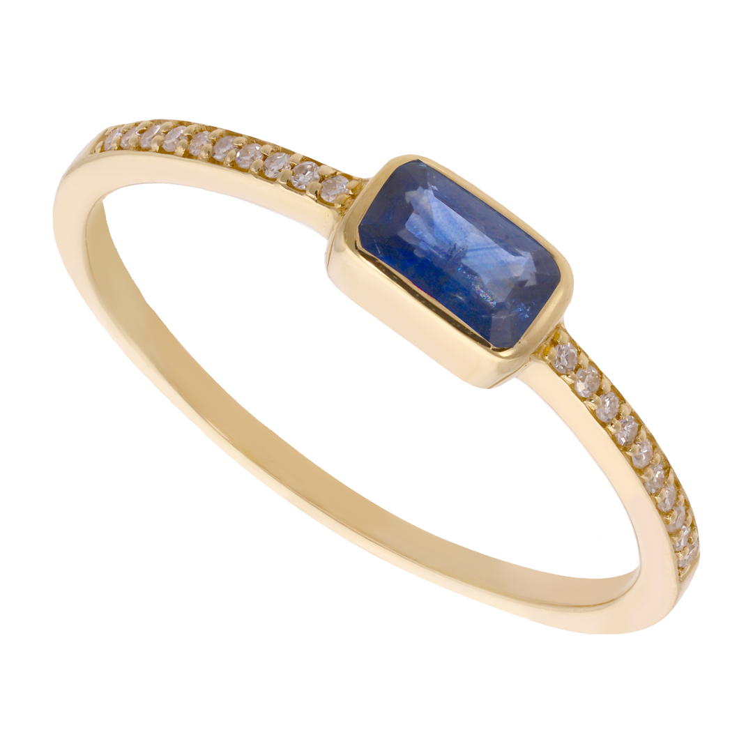 Anillo rubí/zafiro baguette y brillantes 14K