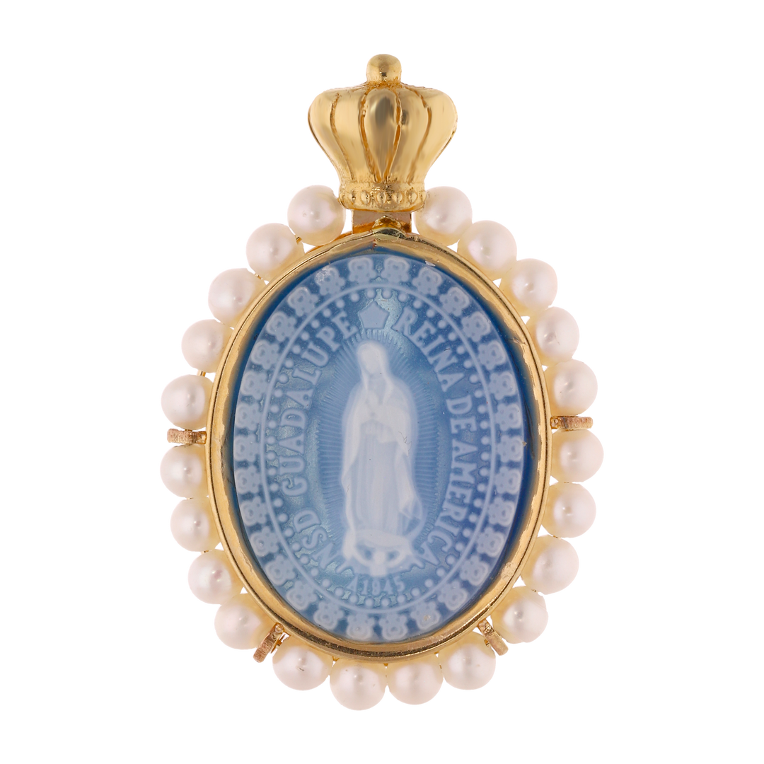 Medalla Guadalupe ágata y perlas 14K