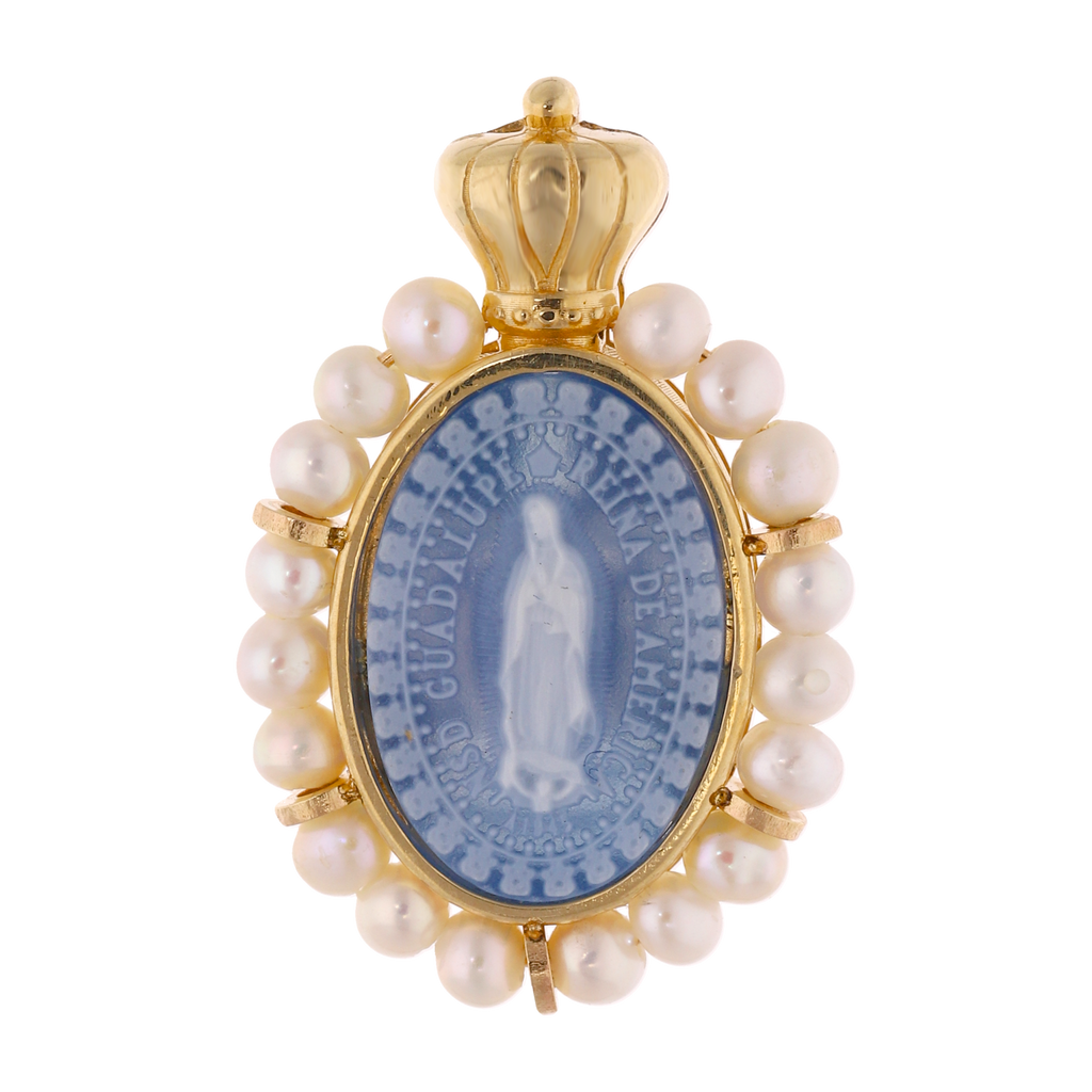 Medalla Guadalupe ágata y perlas 14K