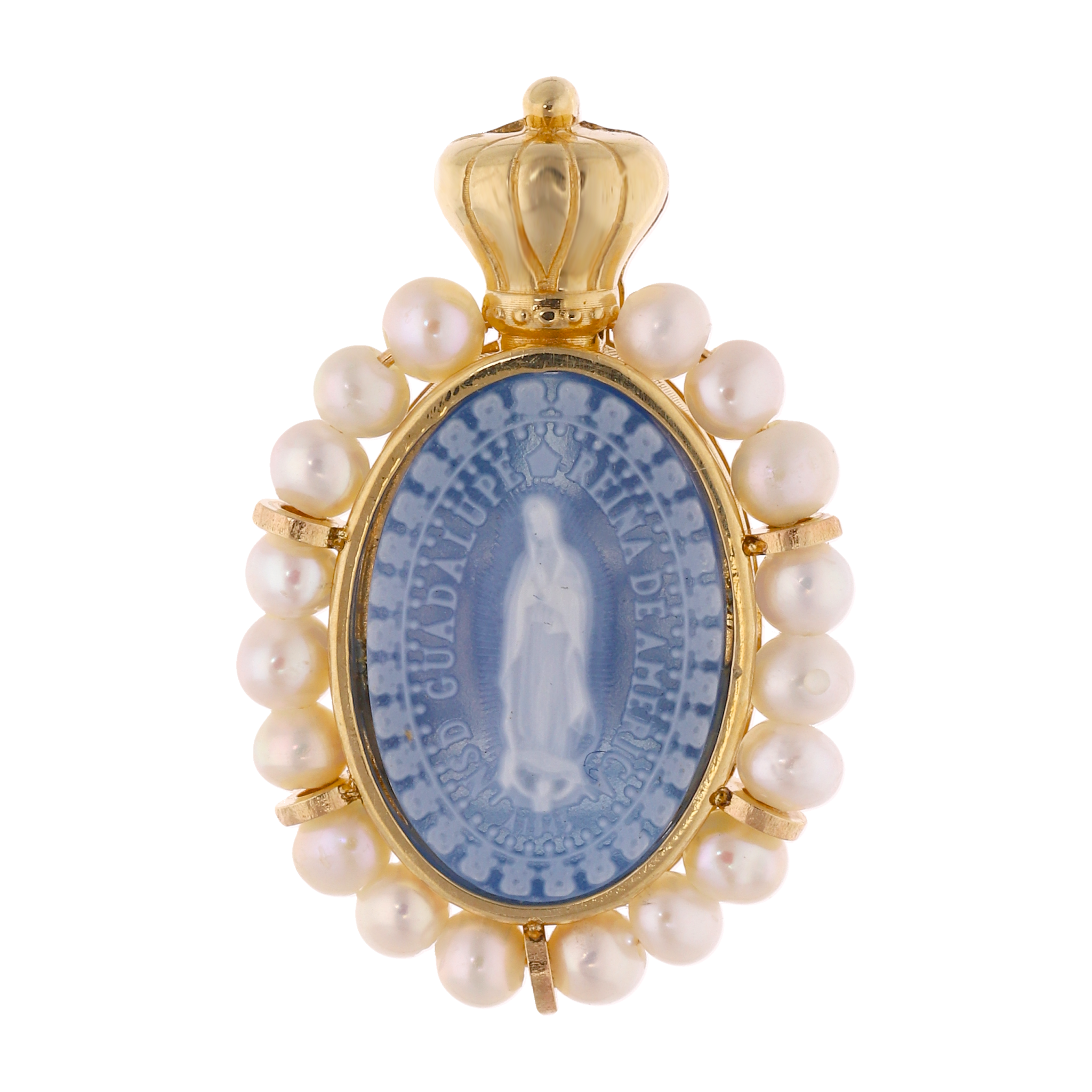 Medalla Guadalupe ágata y perlas 14K