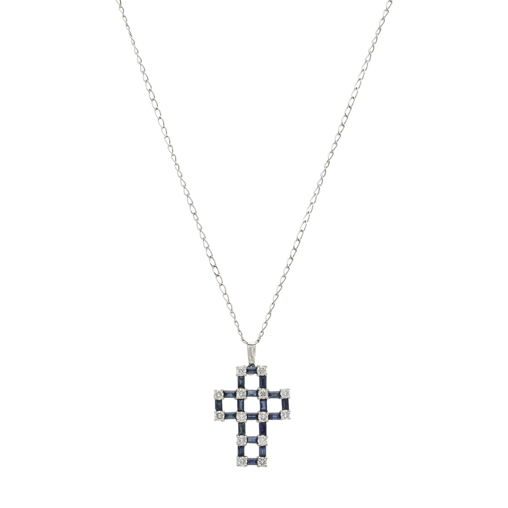 Collar dije cruz zafiros y brillantes 14K