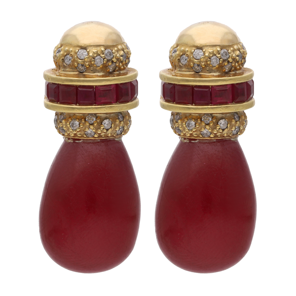 Aretes rubí gota y brillantes 18K
