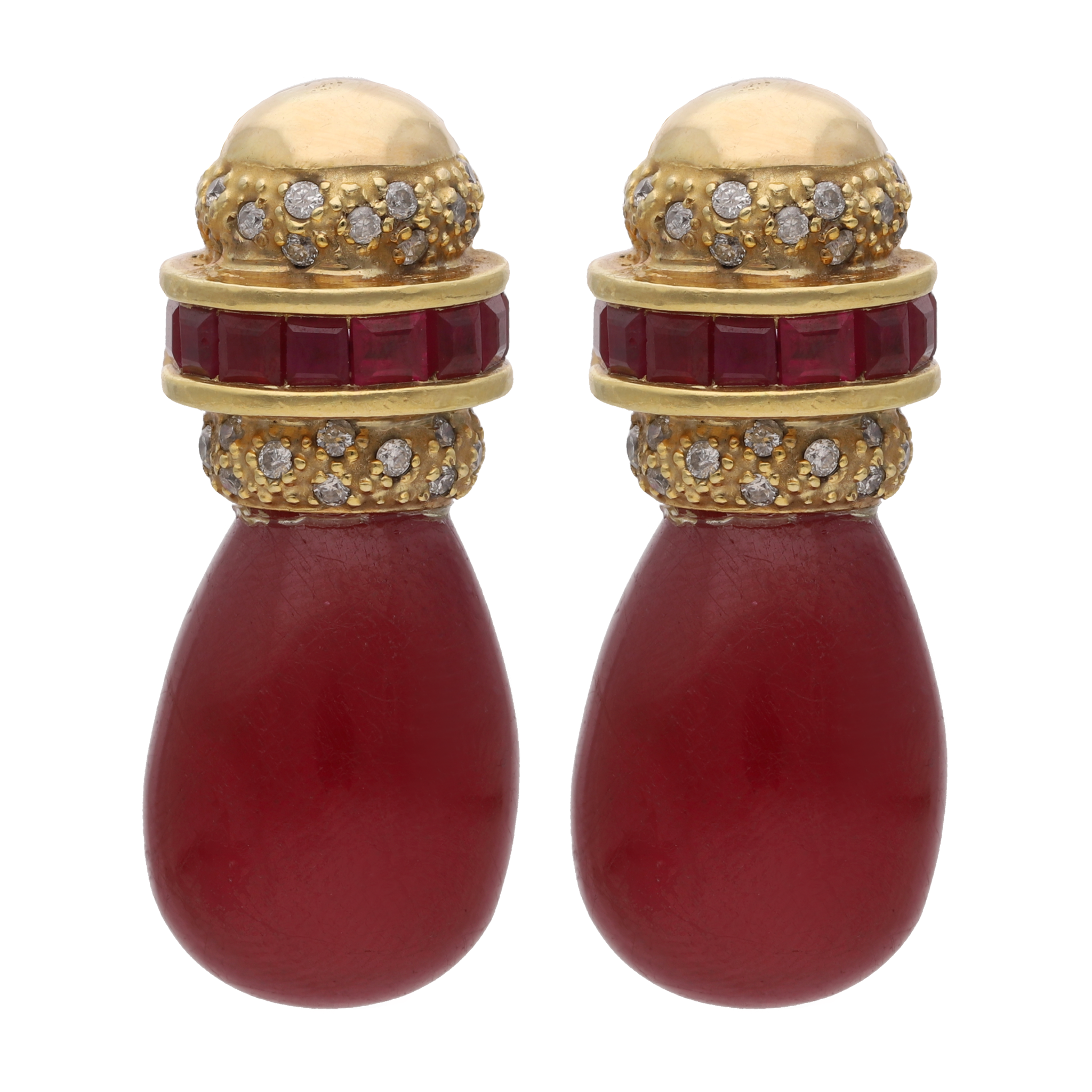 Aretes rubí gota y brillantes 18K