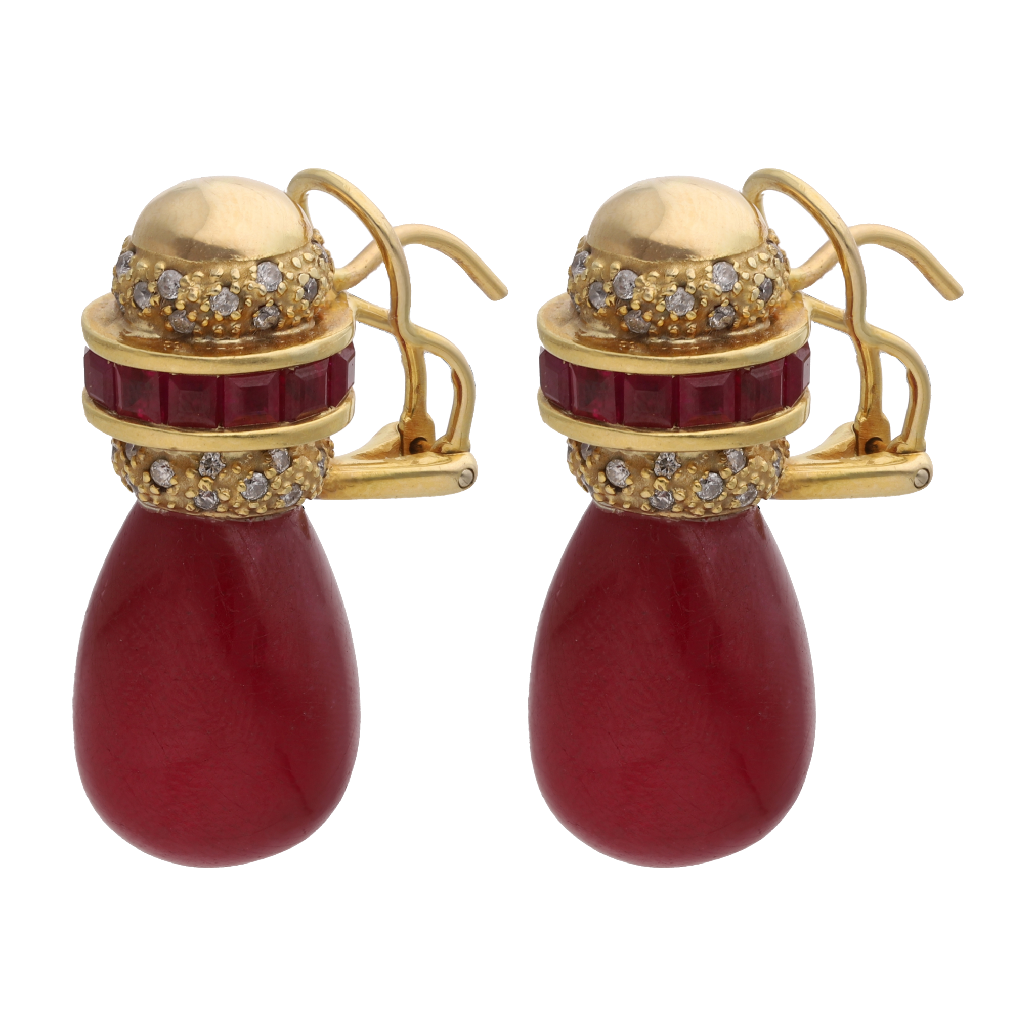 Aretes rubí gota y brillantes 18K