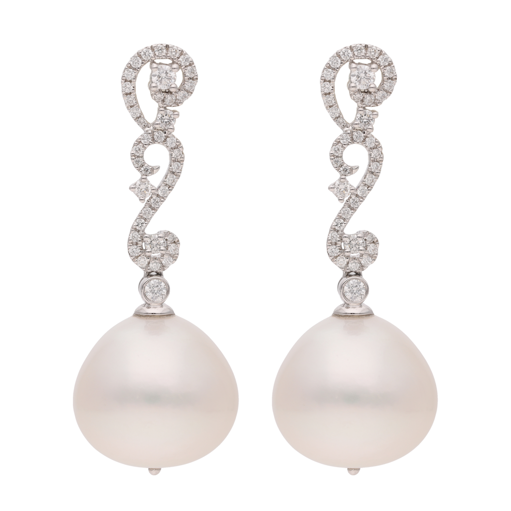 Aretes largos oro blanco 18K brillantes y calabazo 16 mm
