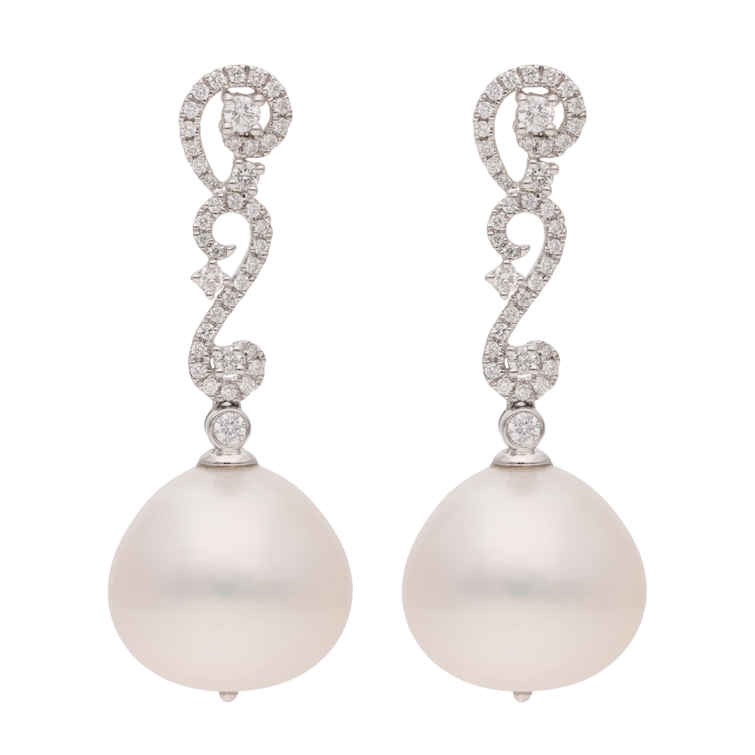 Aretes largos oro blanco 18K brillantes y calabazo 16 mm