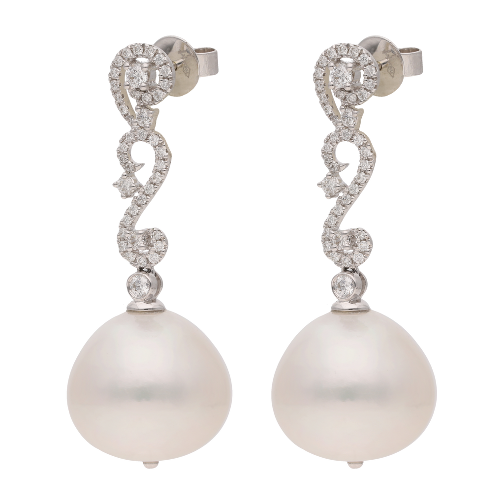 Aretes largos oro blanco 18K brillantes y calabazo 16 mm