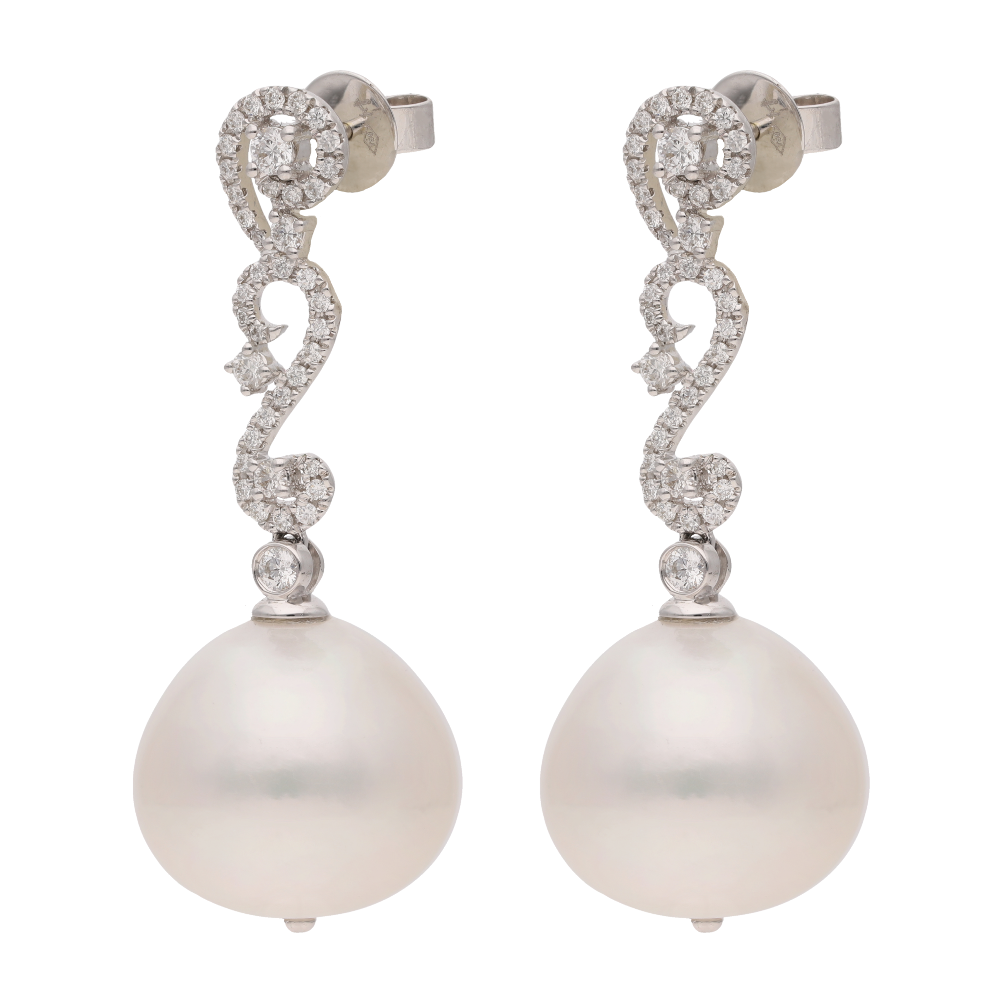 Aretes largos oro blanco 18K brillantes y calabazo 16 mm