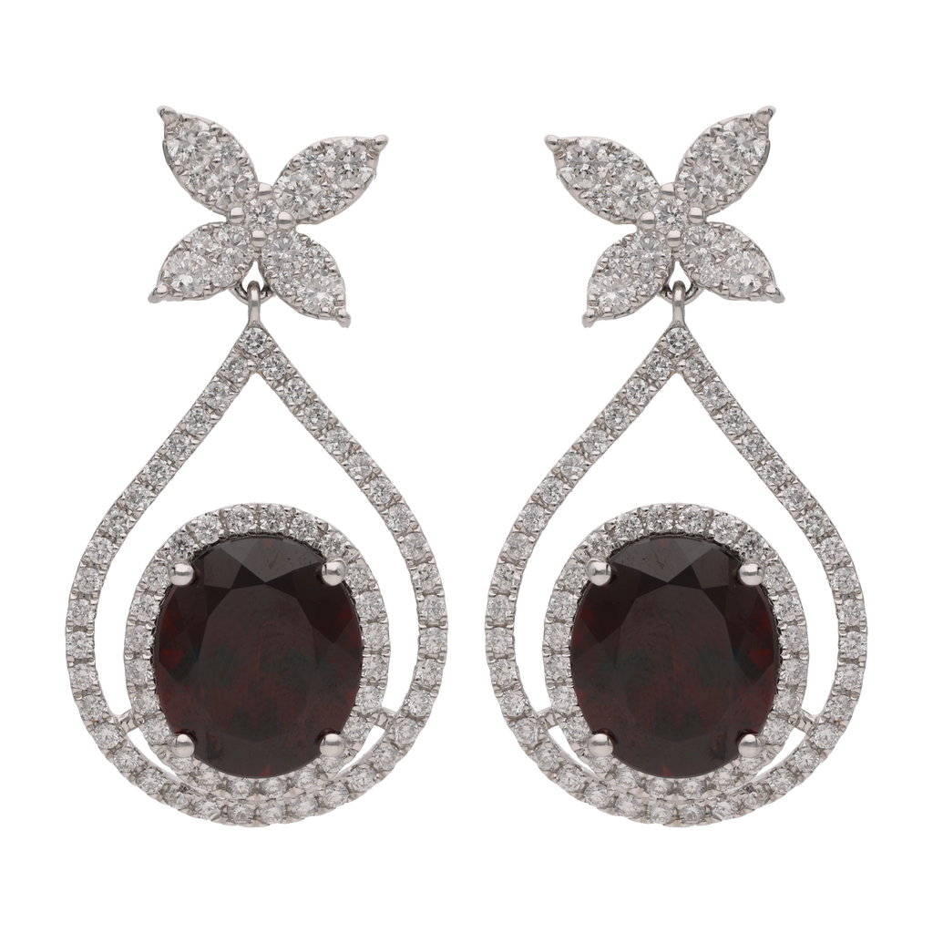 Aretes largos granate y brillantes 18K