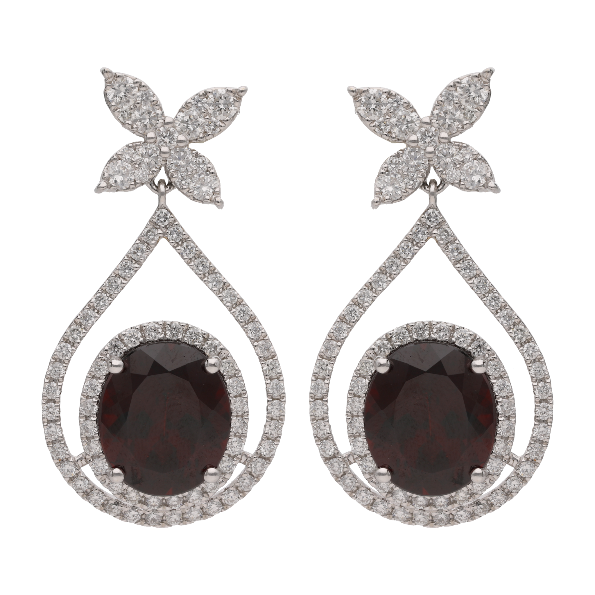 Aretes largos granate y brillantes 18K