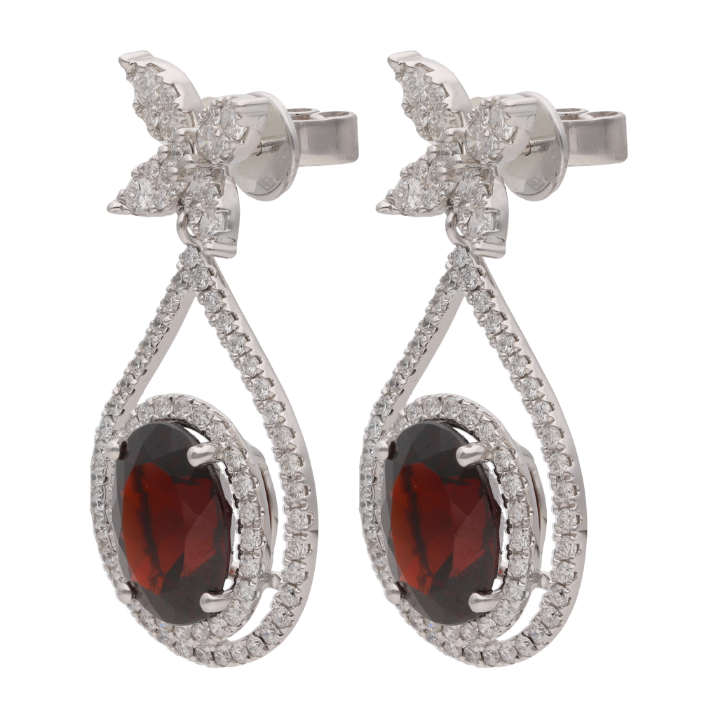Aretes largos granate y brillantes 18K