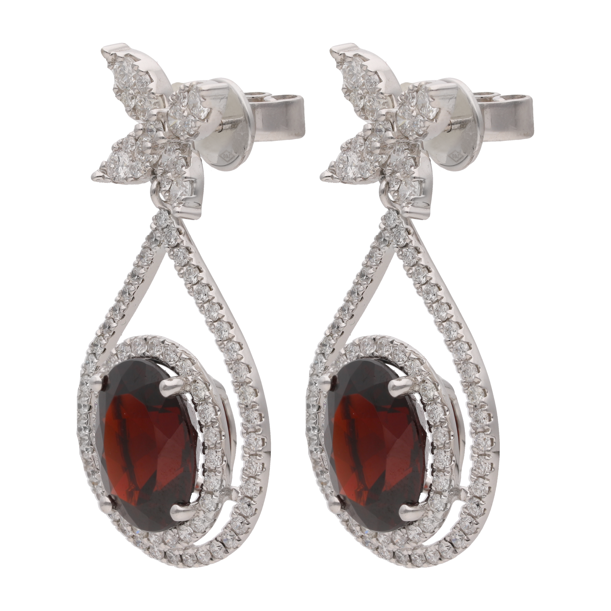 Aretes largos granate y brillantes 18K