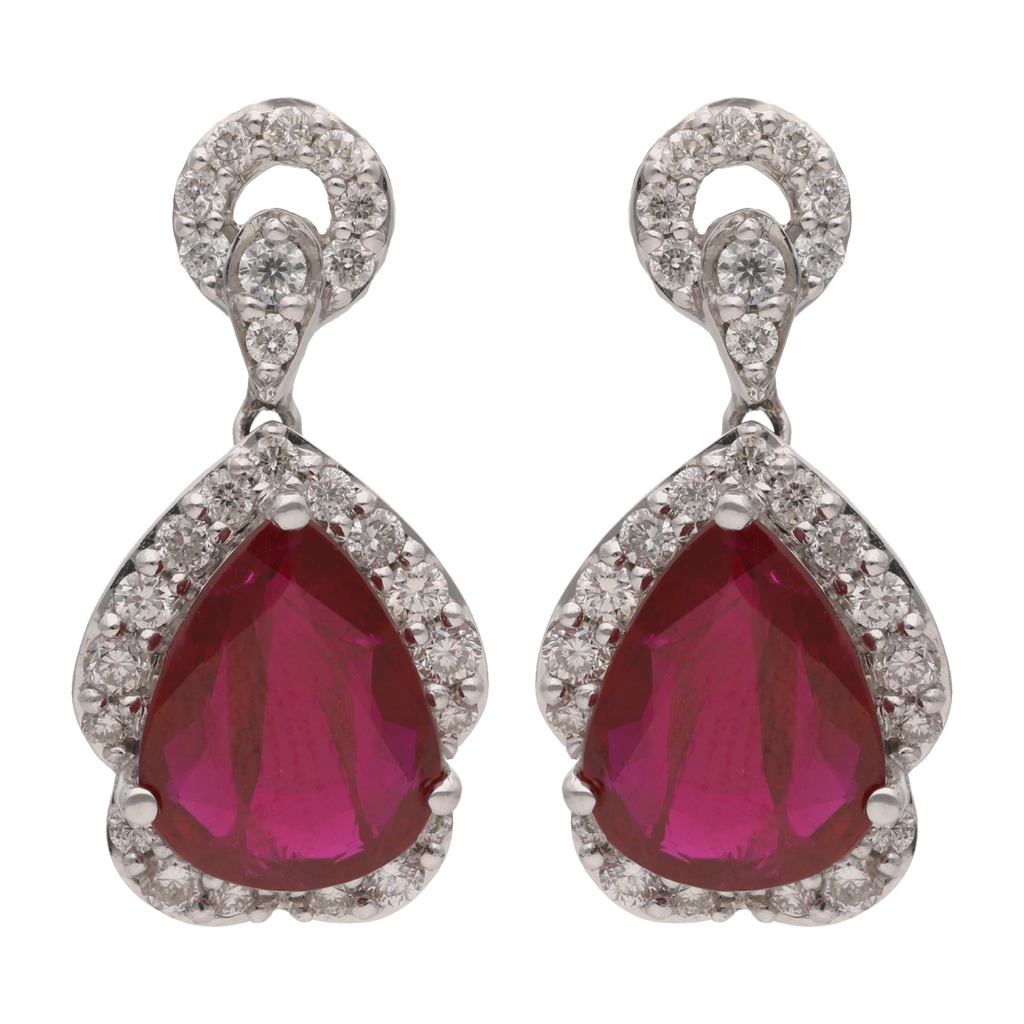 Aretes rubí gota y brillantes oro blanco 18K