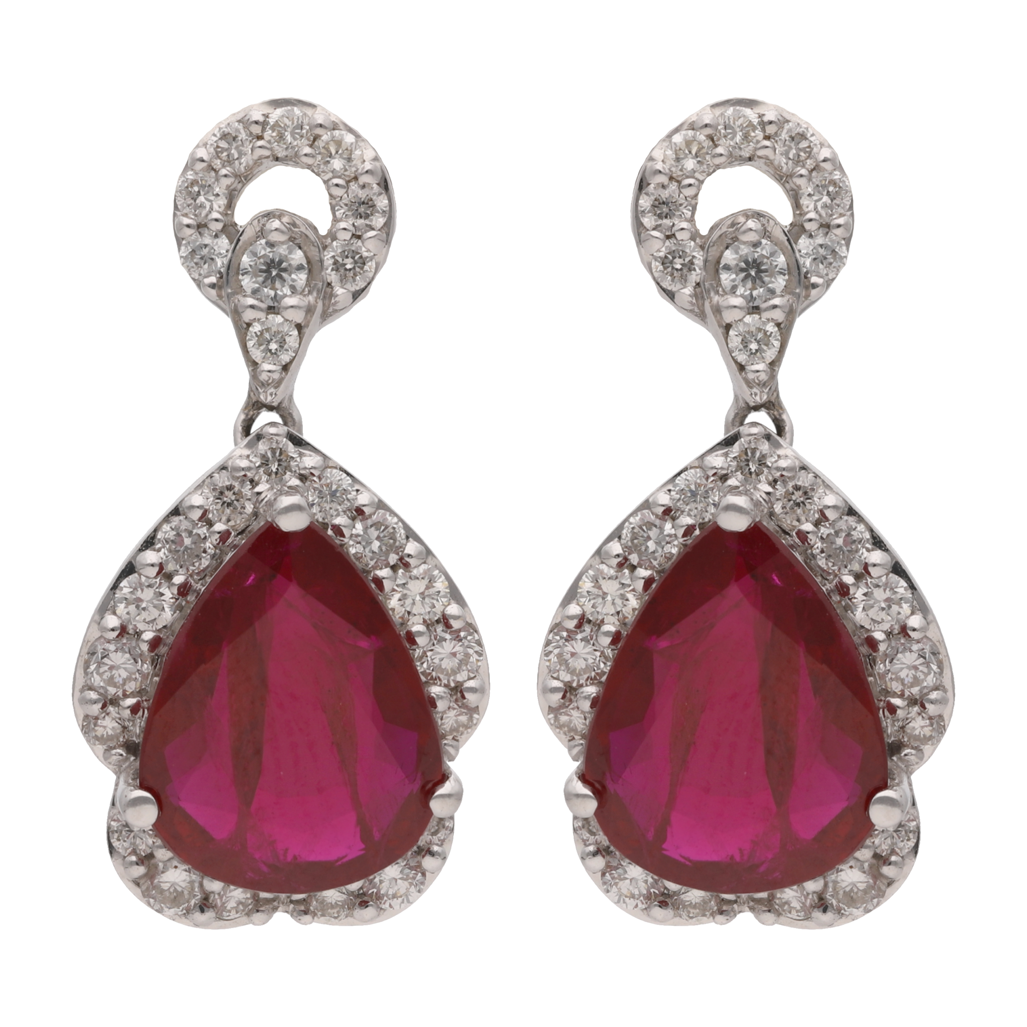 Aretes rubí gota y brillantes oro blanco 18K