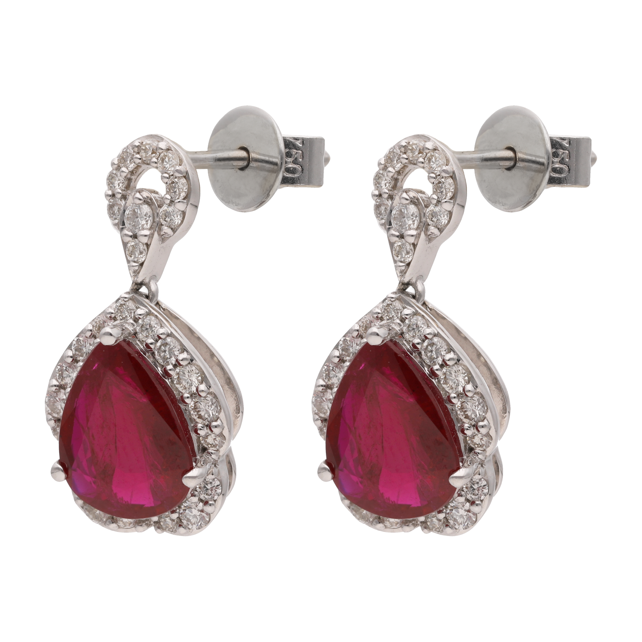 Aretes rubí gota y brillantes oro blanco 18K