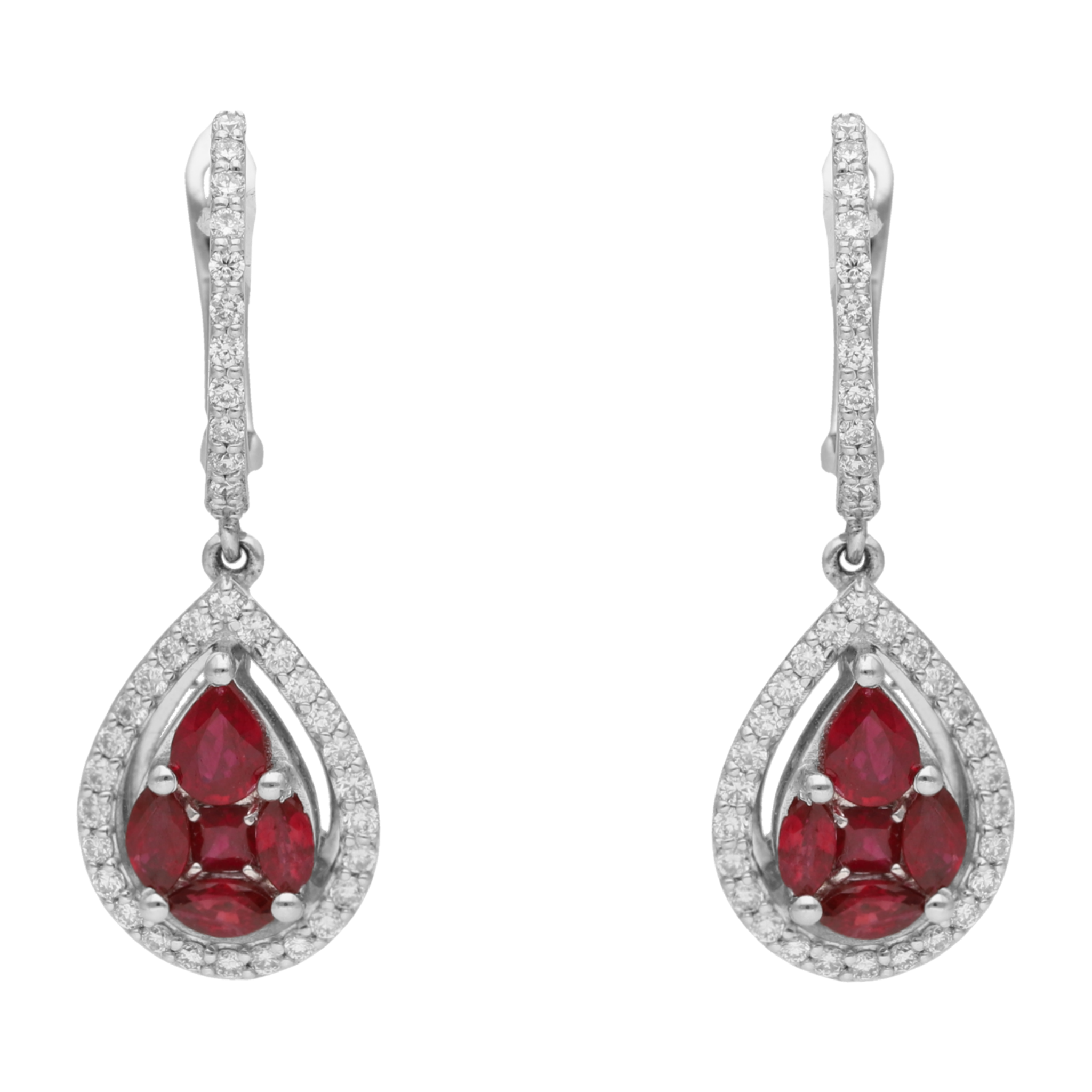 Aretes largos rubíes y brillantes 14K