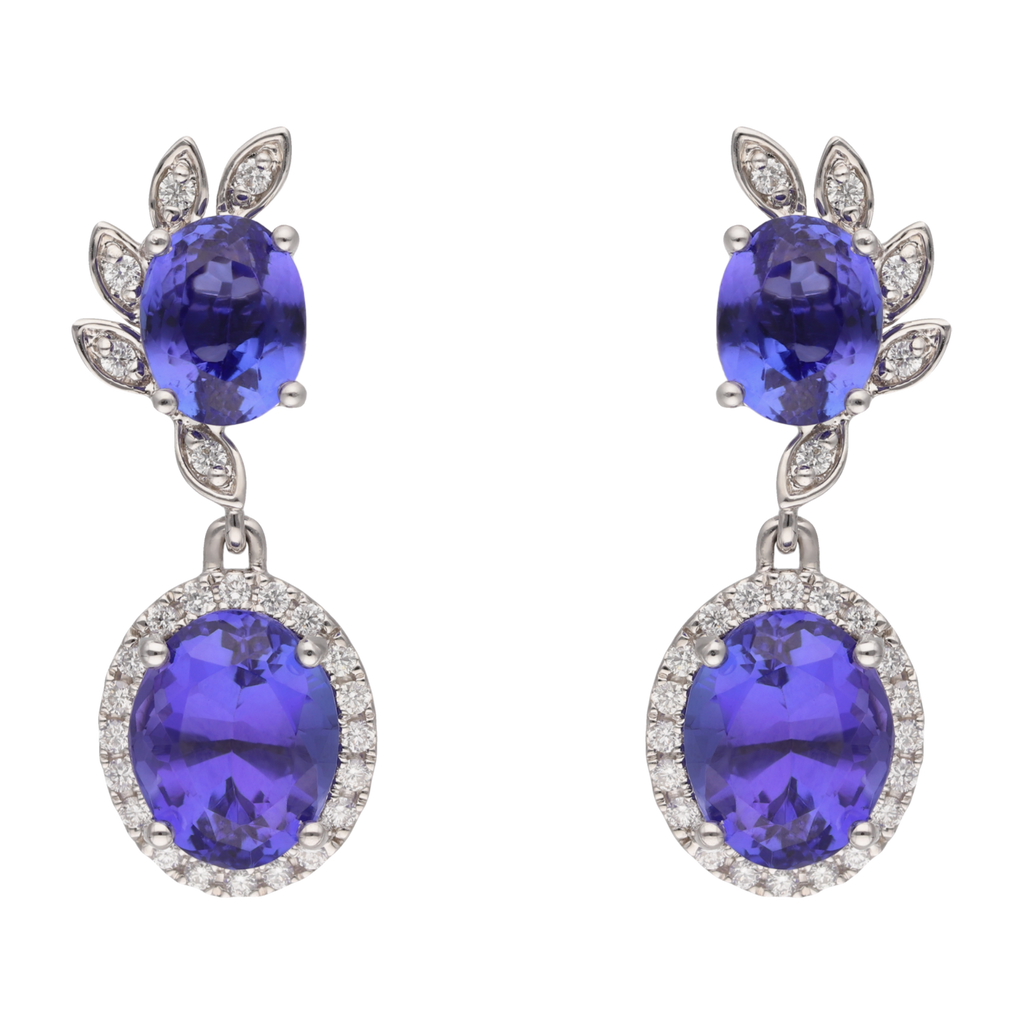 Aretes largos tanzanitas y brillantes 14K
