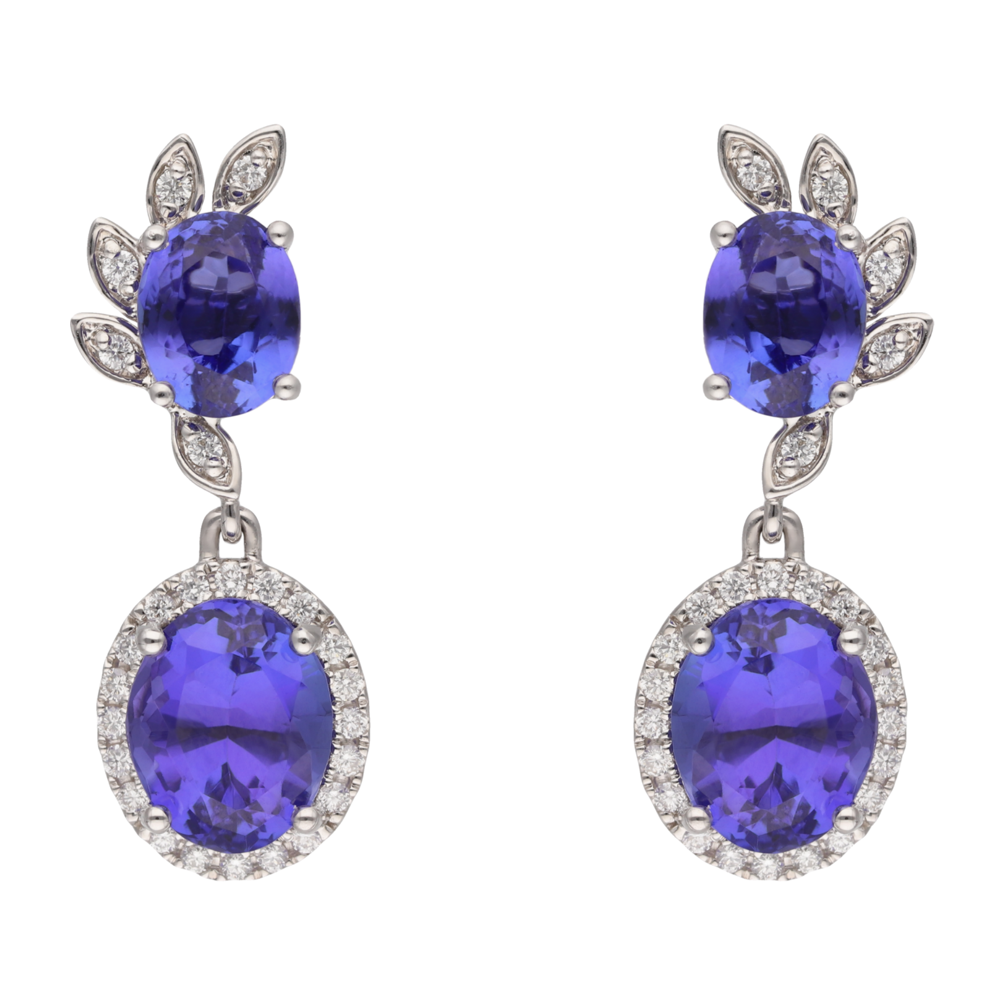 Aretes largos tanzanitas y brillantes 14K