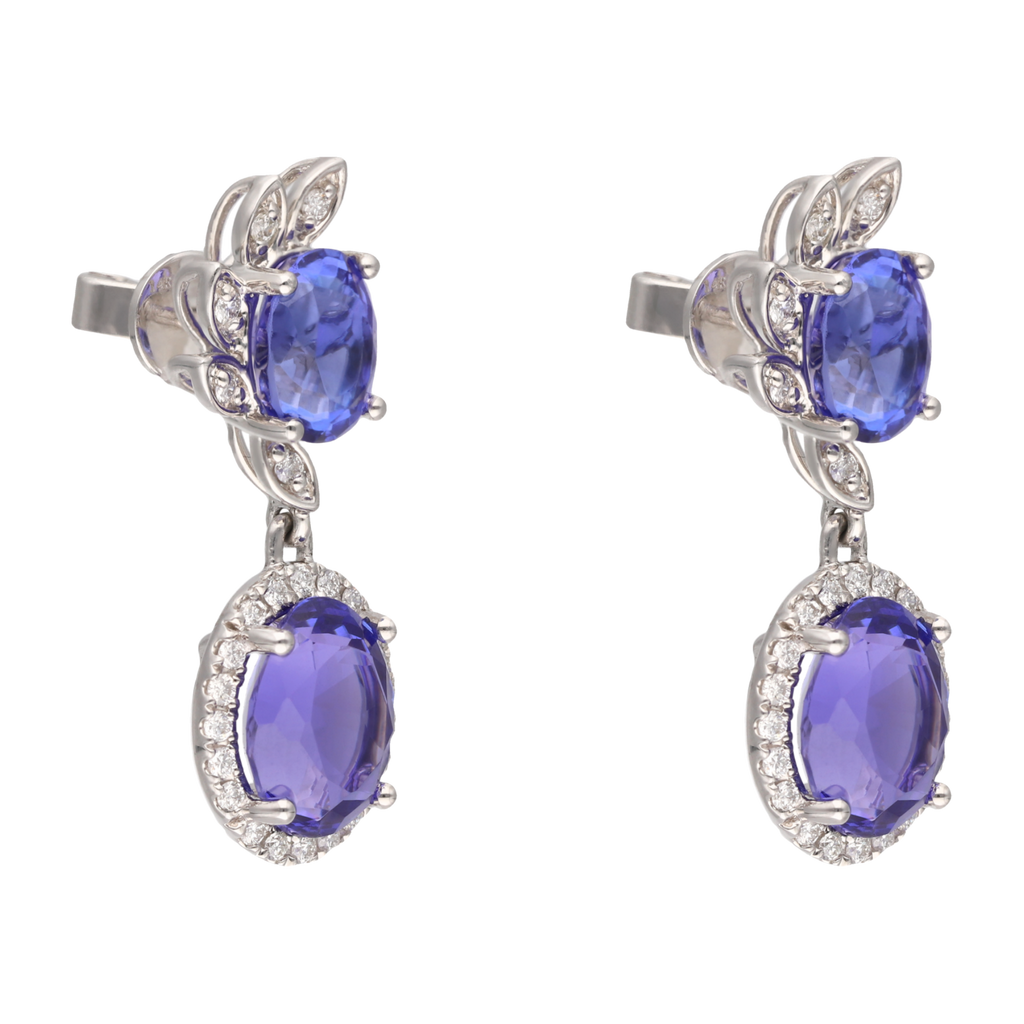 Aretes largos tanzanitas y brillantes 14K