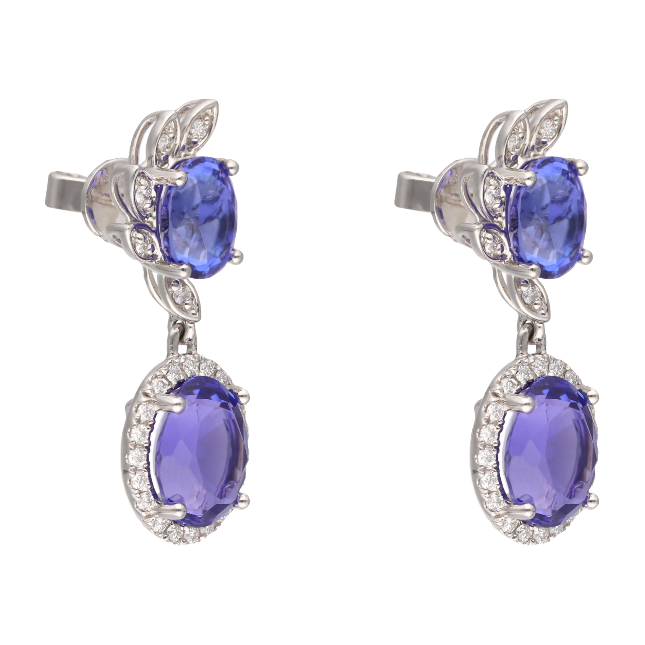 Aretes largos tanzanitas y brillantes 14K