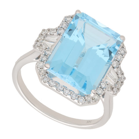 Anillo topacio azul y diamantes oro blanco 14K