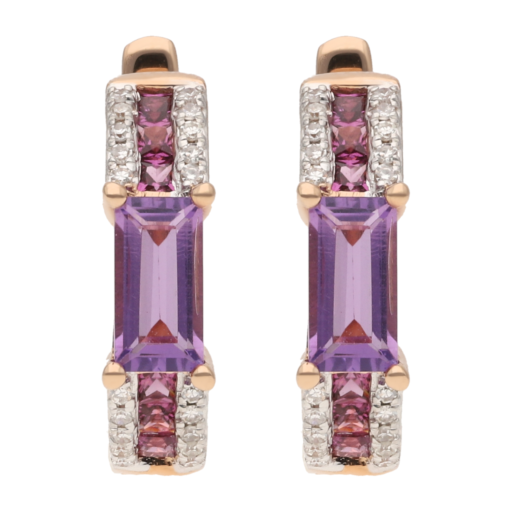 Arracadas amatistas, rodolitas y diamantes oro rosa 14K