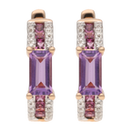 Arracadas amatistas, rodolitas y diamantes oro rosa 14K