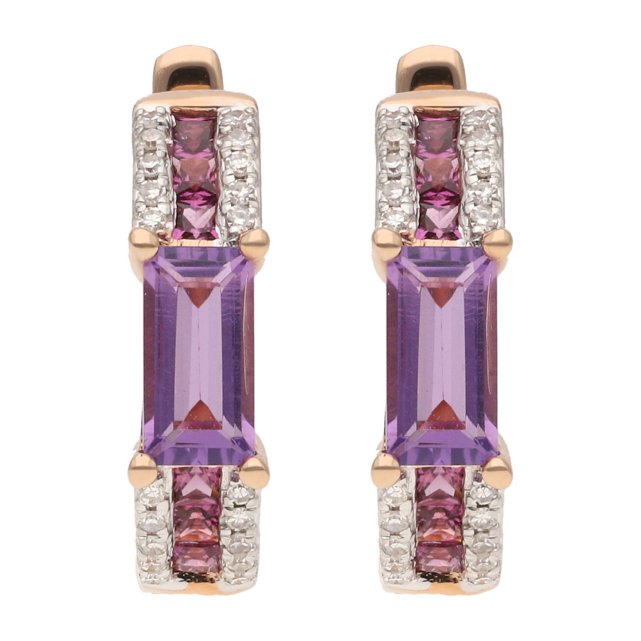 Arracadas amatistas, rodolitas y diamantes oro rosa 14K