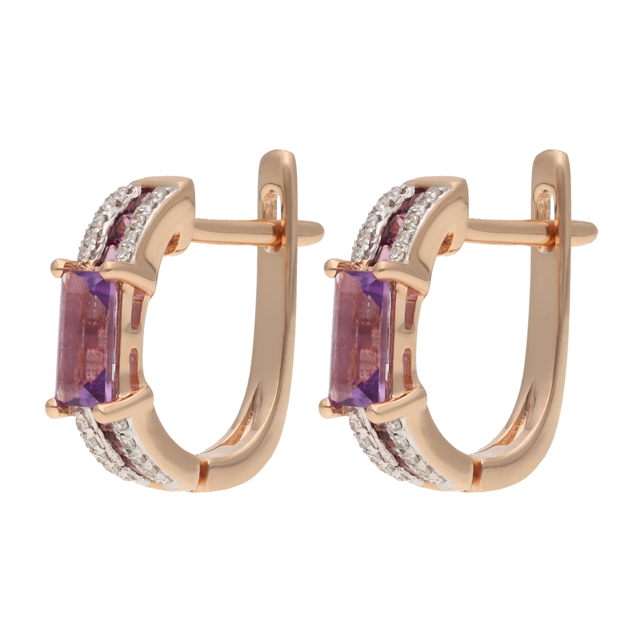 Arracadas amatistas, rodolitas y diamantes oro rosa 14K
