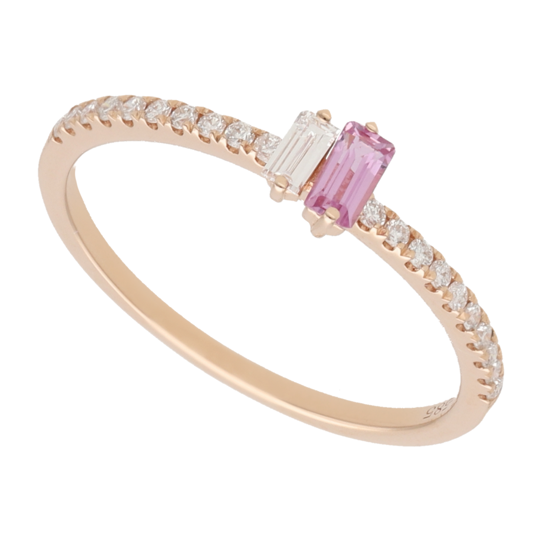 Anillo zafiro rosa y diamante 14K